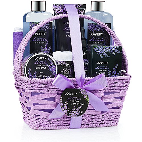 Gifts for Her, Spa Gift Basket, Luxury 9pc Bath & Body Set For Women & Men, Lavender & Jasmine Scent With Shower Gel, Bubble Bath, Lotion, Bath Salt, Body Scrub, Massage Oil, Loofah & Basket