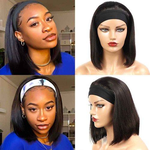 Headband Wig Human Hair for Women Straight Bob Human Hair Headband None Lace Wig Glueless Short Bob Wigs 100% Brazilian Virgin Hair Wear and Go Wigs Natural Color 12 Inch