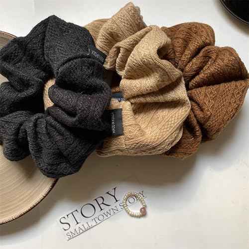 Scrunchies for Women's Hair 3Pcs Brown Camel Black Knit Scrunchies for Long Thick Curly Hair Ultra Textured Soft Hair Bands Neutral Scrunchie Cute Ponytail Holders No Damage Elastic Hair Ties