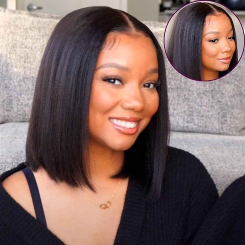 Beauty Forever 7X5 Bye Bye Knots Wear and Go Wig Yaki Straight Pre Cut Lace Bob Wigs Human Hair Lace Closure Wig Pre Plucked, Easy Install No Skill Needed 150% Density 10inch
