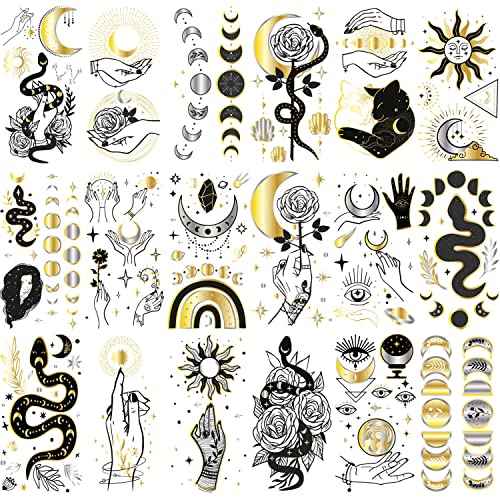 Glaryyears Metallic Gold Temporary Tattoos, 18-Pack Long-lasting Fake Tattoo Stickers, Small size Variety Pack Realistic Tattoos, Sexy Cool Design for Women Adults Girls on Face Body Hand Arm Neck