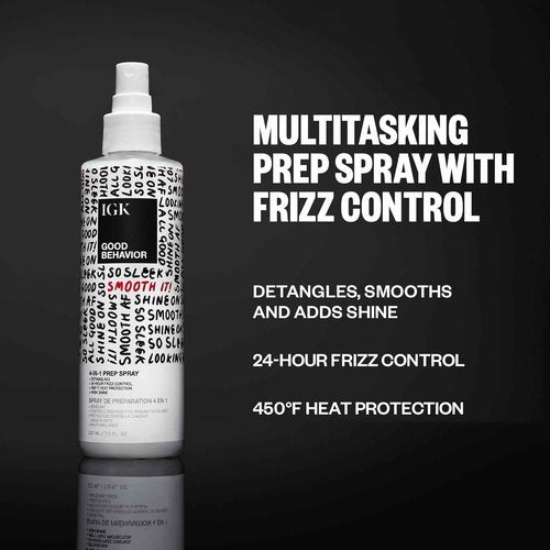 IGK GOOD BEHAVIOR Smoothing Frizz Fighters Set | 4-in-1 Prep Spray + Spirulina Protein Smoothing Spray | Frizz Control + Heat Protectant | Vegan + Cruelty Free