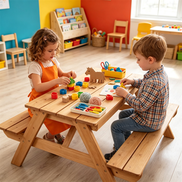 Kids 3-in-1 Picnic Table with Adjustable Umbrella & Storage Boxes - Outdoor Sand & Water Play Set