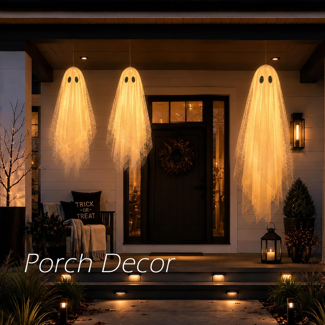 3-Piece Hanging Ghost Decoration Set with Remote-Controlled Lights
