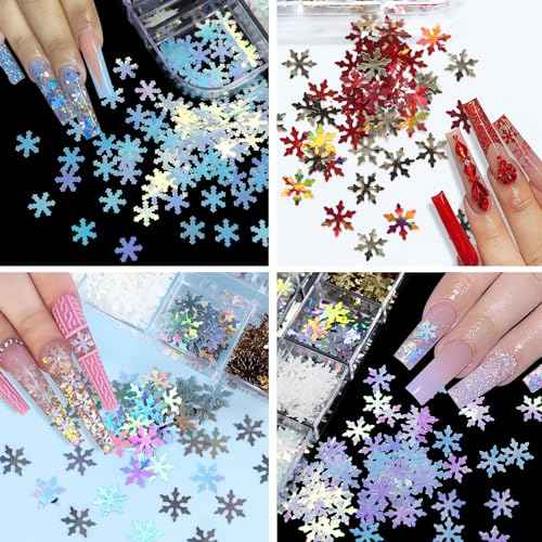 12 Grids Snowflake Nail Glitter Sequins 3D Snowflake Nail Art Stickers Decals Holographic Laser Snowflake Glitter for Nails Face Crafts Confetti Christmas Nail Snowflake Glitter Flakes Snow Nail Art