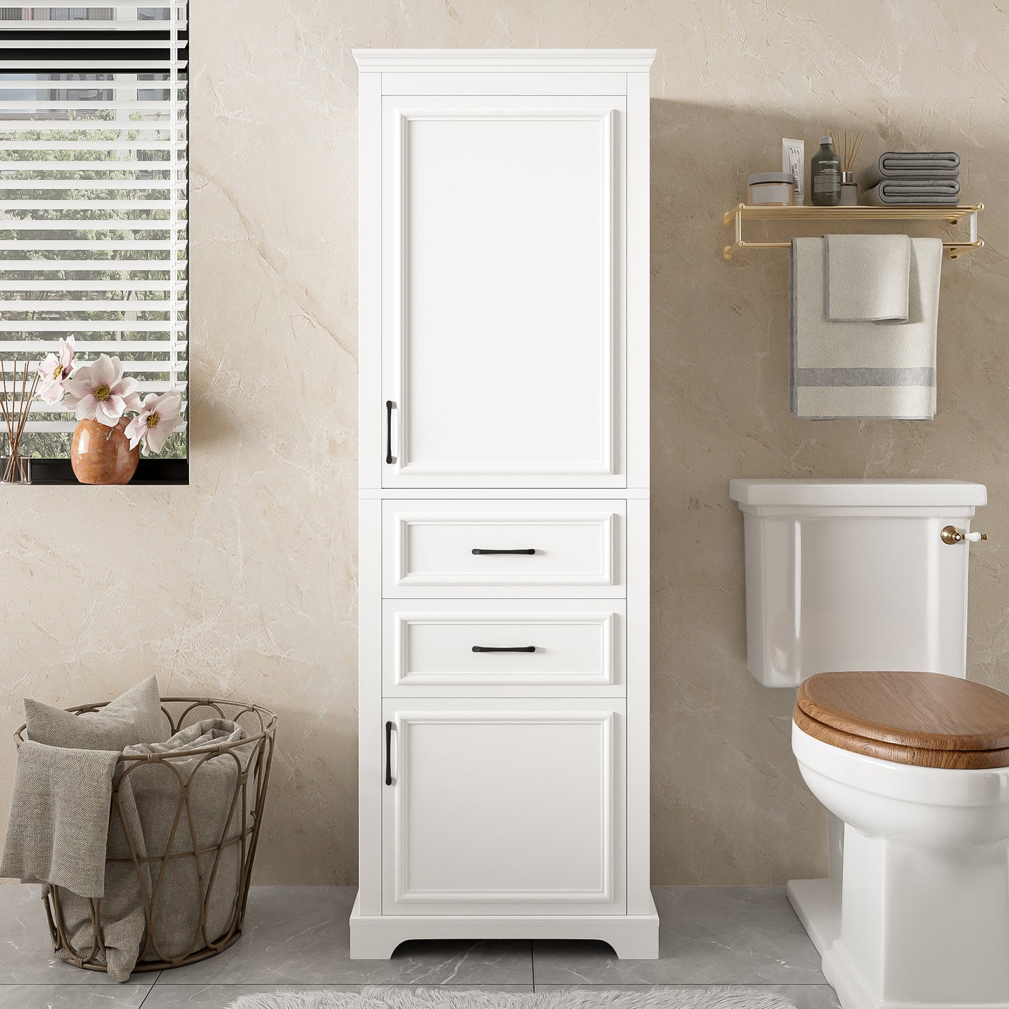 71-Inch Tall Freestanding Bathroom Vanity with Damping-Hinge Doors - White