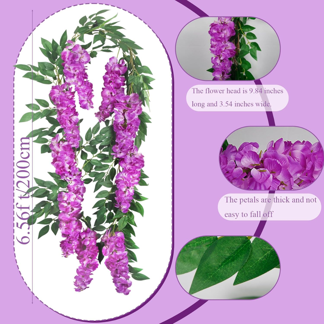 6.56FT Artificial Wisteria Vine Garland - Purplish Silk Flowers