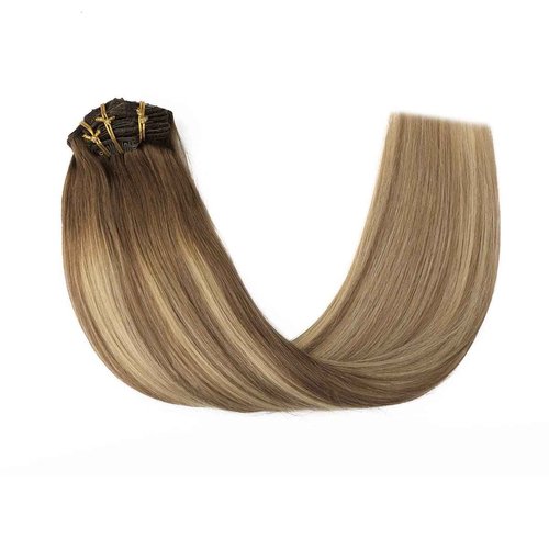 Sindra Clip in Hair Extensions Balayage Darker Brown to Ash Brown Highlights Golden Blonde 16 Inch 100g 6pcs Hair Extensions Clip Ins Remy Thick Ends #3/8/22 16''