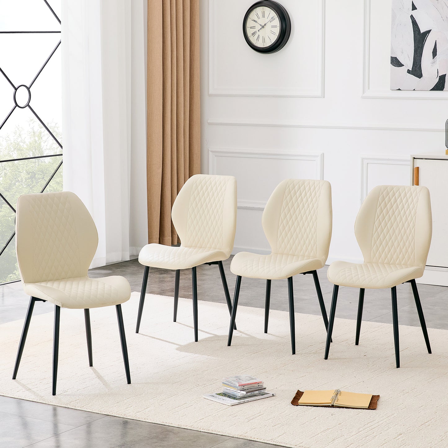 Set Of 4 Modern Light Luxury White Diamond-quilted PU Chairs With