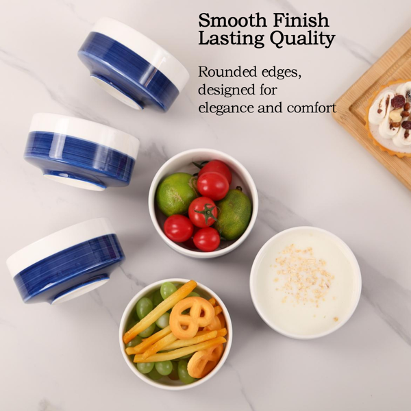 10 oz White-Blue Ceramic Bowls Set of 4 - Microwave & Dishwasher Safe