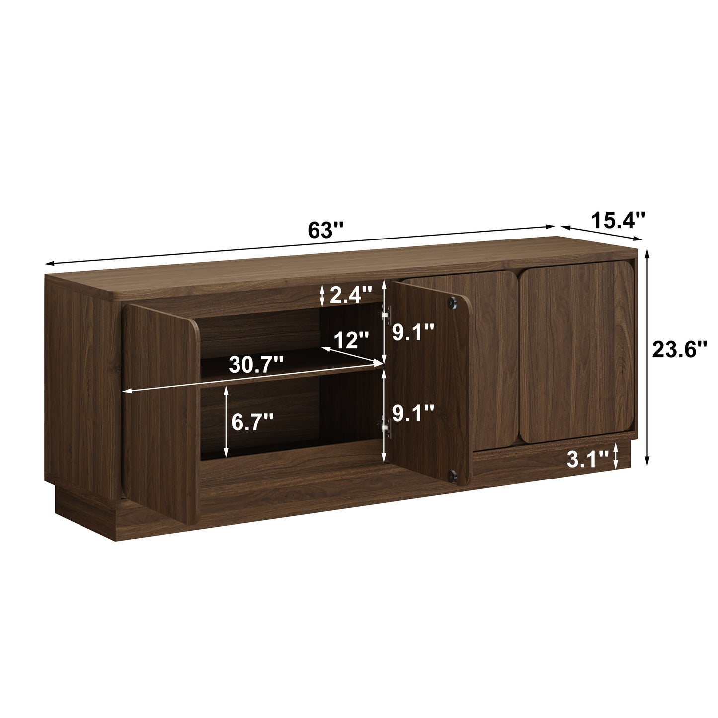 63 Inch Walnut TV Stand with 4 Storage Doors - Modern Media Console