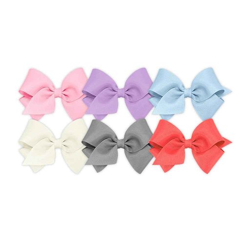 Wee Ones Girls' 6 Piece Set of Bows, Solid Grosgrain Variety Pack on a WeeStay No-Slip Hair Clip, Small, Pearl Pink, Light Orchid, Millennium Blue, Antique White, Gray, Watermelon