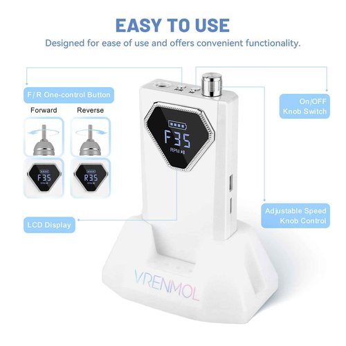 Vrenmol Professional Electric Nail Drill: 35000RPM Rechargeable Nail Drill Machine with Base Portable Nail File with Nail Drill Bits for Remove Gel Dip Acrylic Nails Nail Art Salon Use White