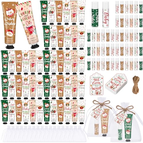 Demissle 48 Pcs Christmas Hot Cocoa Supplies Xmas Party Stuffers Christmas Stocking Favors Xmas Red Green Hand Cream and Lip Balm Gifts Set for Baby Shower Guests