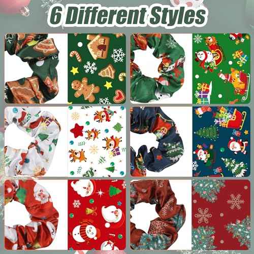 12PCS Christmas Hair Scrunchies, 4.3 Inch Santa Claus Xmas Tree Gingerbread Man Reindeer Patterns Elastic Hair Ties Christmas Ponytail Holders Hair Accessories for Women Girls (6 Styles)