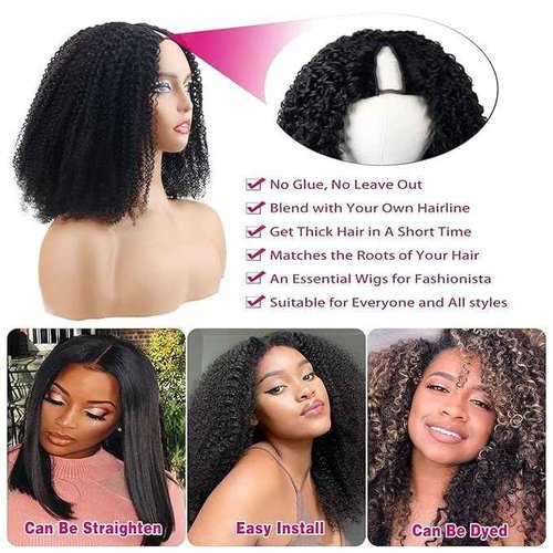 Homgoss V Part Wigs Human Hair For Women Upgrade Afro Kinky Curly V Part Wigs No Sew In No Leave Out No Glue V Part Human Hair Wig With Drawstring 200% Density Natural Color (14inch)