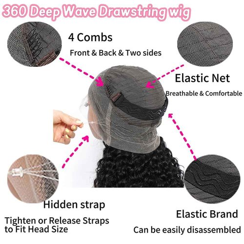 Hidden Strap 360 Lace Front Wigs Human Hair Glueless 360 Full Lace Deep Wave Curly Human Hair Wig with invisible Drawstring Wet and Wavy Lace Frontal Wigs for Black Women Natural Hairline 24 Inch