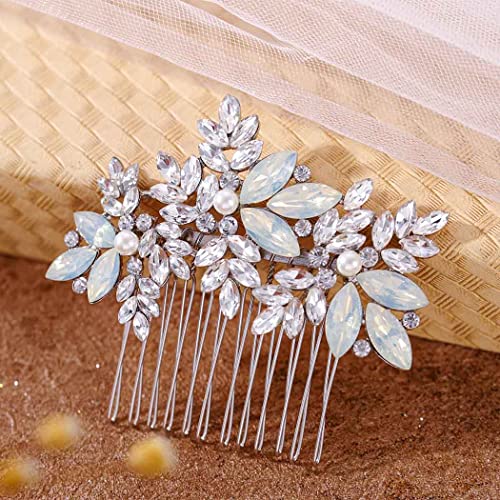 Foyte Crystal Wedding Hair Comb Leaf Bride Headpiece Silver Rhinestone Opal Hair Piece Bridal Side Hair Accessories for Women