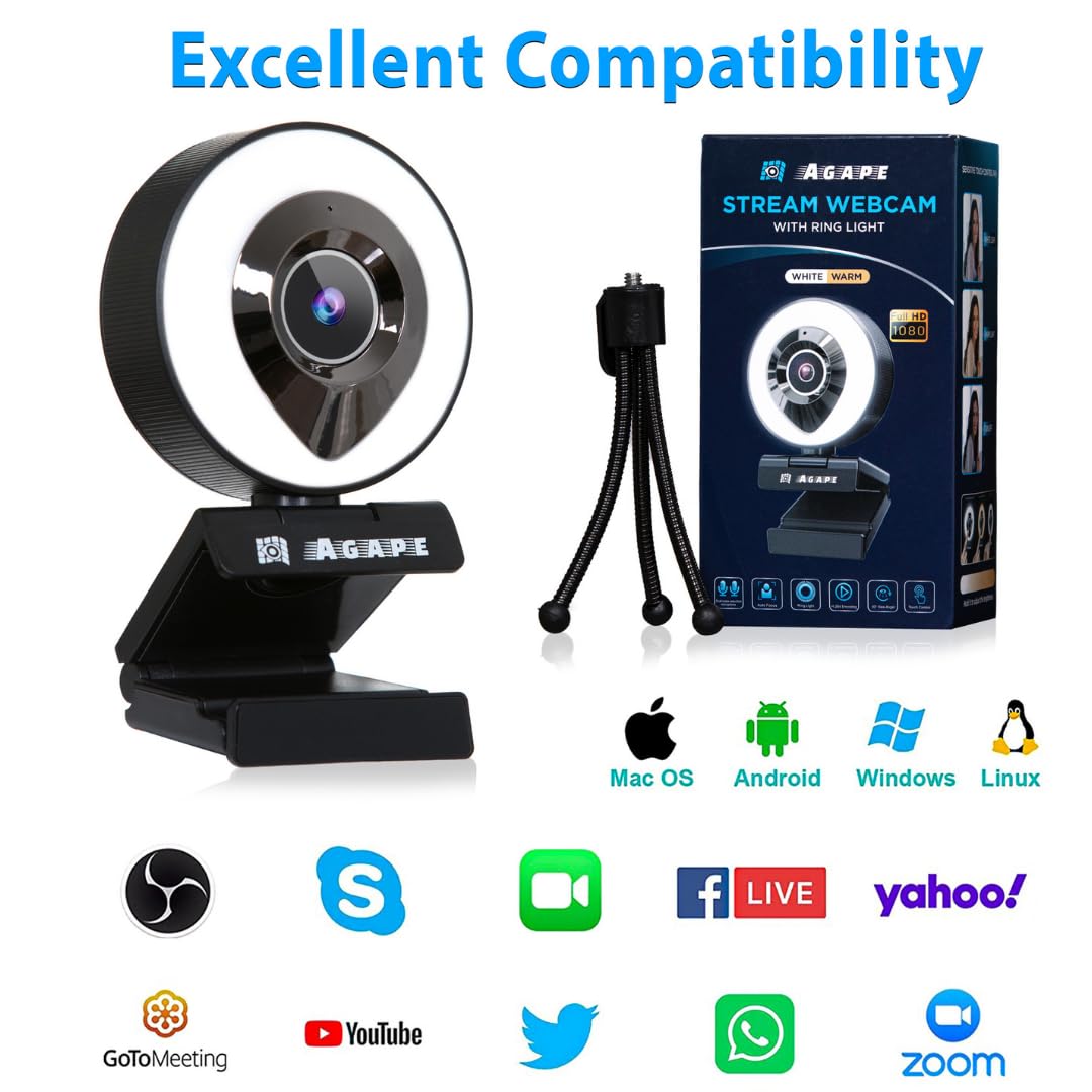 Agape Full HD 1080P/30fps Video Calling Webcam with Microphone,Plug and Play, Adjustable Right Light Pro Web Camera, Advanced Auto-Focus with Tripod for Zoom/Skype/Teams/Video Calling/Gaming Webcam