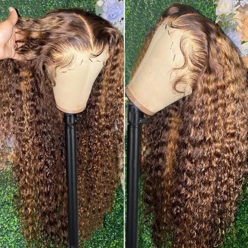 Honey Blonde Curly Wig Human Hair 13x4 HD Highlight Ombre 4/27 Deep Wave Lace Front Wigs Human Hair Pre Plucked 180% Density Glueless Colored Wigs for Women Wet and Wavy Lace Front Wigs 26 Inch