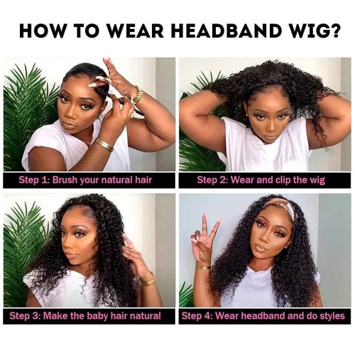 Headband Wig Human Hair Deep Wave Wigs 24 inch Brazilian Human Hair Headband Wigs for Black Women Glueless Non Lace Front Wig Machine Made Curly Deep Wave Headband Wig 150% Density Natural Color