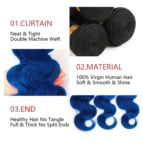 Ombre Blue Body Wave Bundles Black To Blue Human Hair 3 Bundles Brazilian 100% Unprocessed Virgin Extensions Double Weft Bundle 20 22 24 Inch