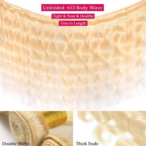 Body Wave 613 Bundles Human Hair Blonde Hair Extensions 20 Inch Natural Brazilian Virgin Unprocessed Human Hair Soft and Silky No Smelling Can Be Dyed Or Restyled