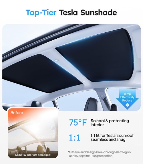 Wigoo Tesla Model 3 Sunshade Roof [Never Sag, Nano Ice-Crystal Coatings] 3-Gen Heat Insulation Glass Roof Sun Shade, Accessories for Tesla Model 3 2020~2026 Highland, Interior Black