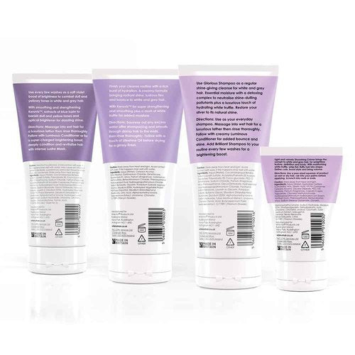 White Hot Short Hair Quartet, brightening hair care regime with texturising styling cream for shorter white & grey hair, purple shampoo
