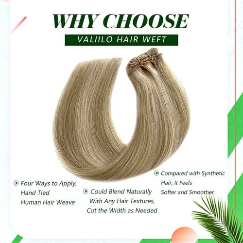 Sew in Hair Extension Real Human Hair, 18 inch 100g Hand Tied Weft Hair Extension Human Hair, Beige Blonde with Platinum Blonde Highlights Human Hair Extensions Sew in, Double Weft Bundles Human Hair