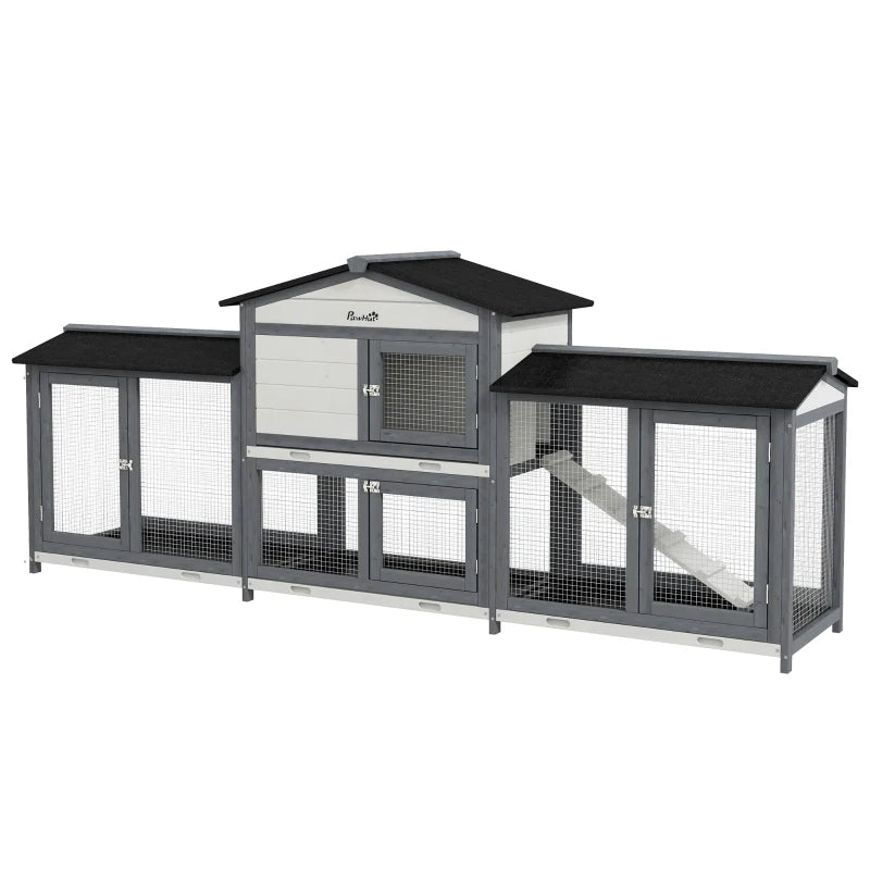 Outdoor Wooden Rabbit Hutch with Run Boxes & Ramp - Light Gray Pet Enclosure