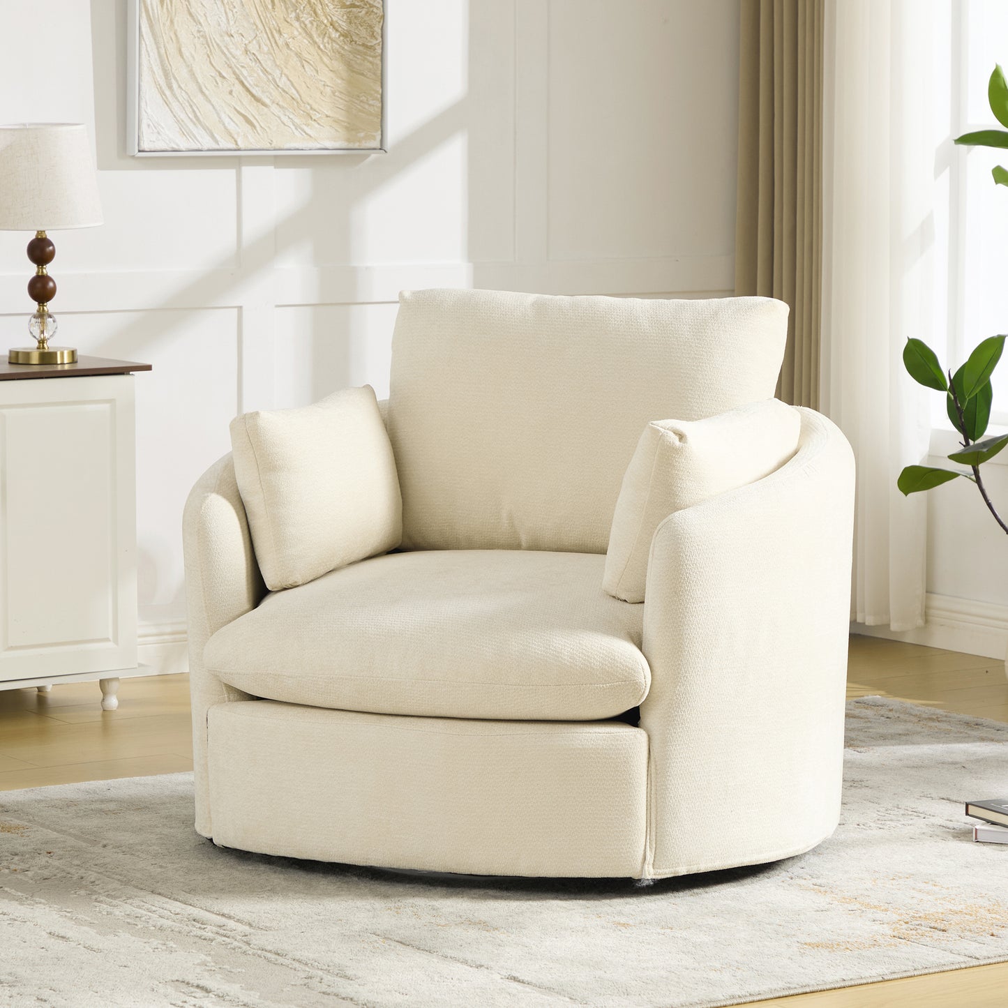 360° Swivel Barrel Chair with Chenille Fabric & 3 Pillows - Beige