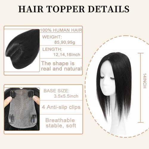 HVVZOY Hair Toppers for Women Real Human Hair,360°3D Big Basement Cover Topper for Women with Thinning Crown with Side Clip in Bangs Realistic Scalp (1B, 3D Side Bangs 16INCH)