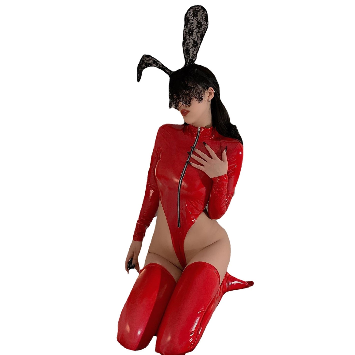 Shiny Patent Leather Nightclub Bodysuit with Red Socks - Adult M/L