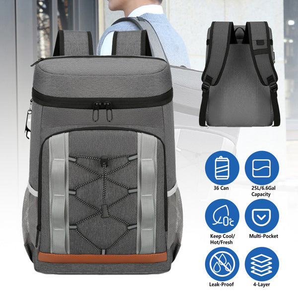 Insulated Cooler Backpack - 36 Can Leakproof, 25L Capacity - Gray