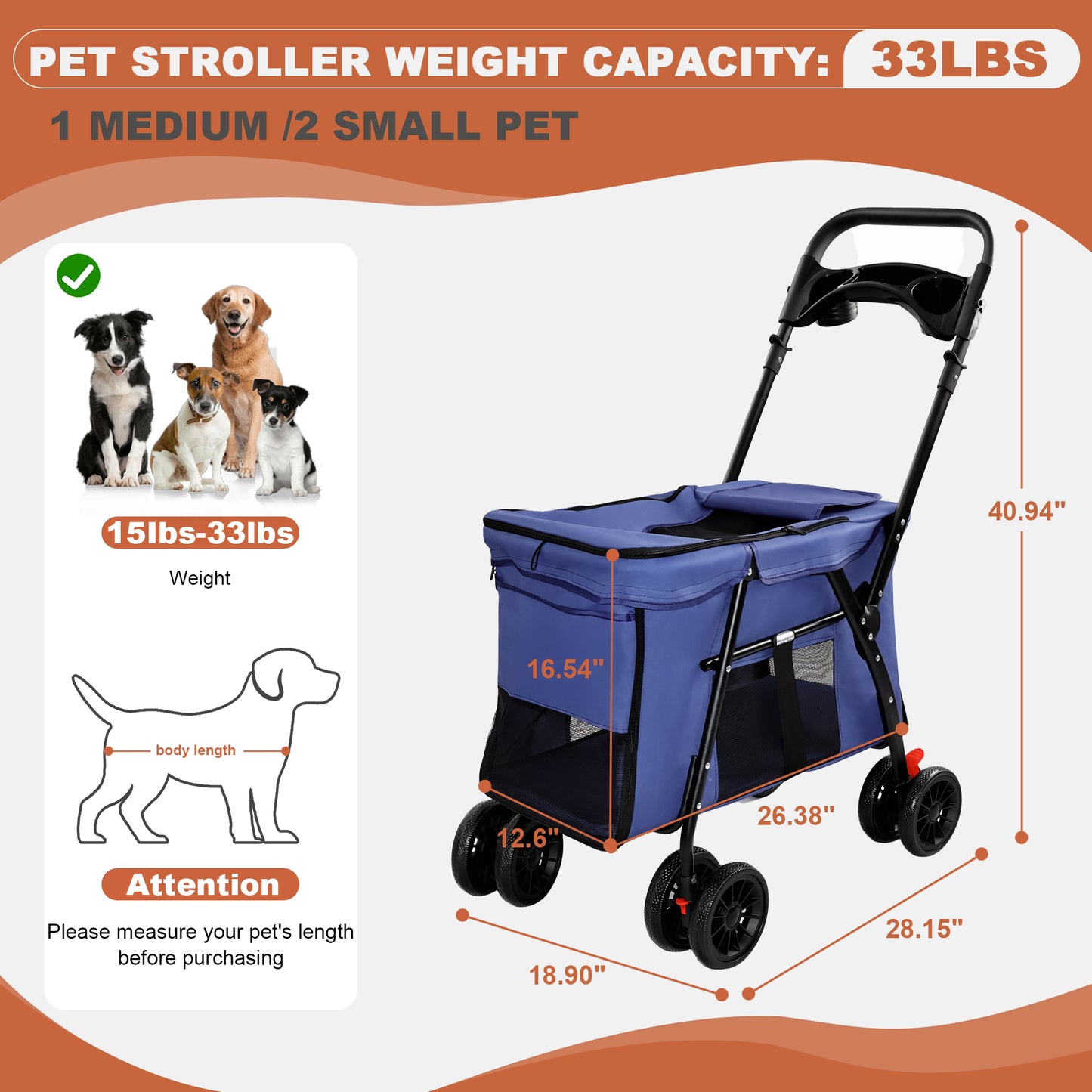 Foldable Pet Stroller with Breathable Mesh & Shockproof Wheels - Navy Blue