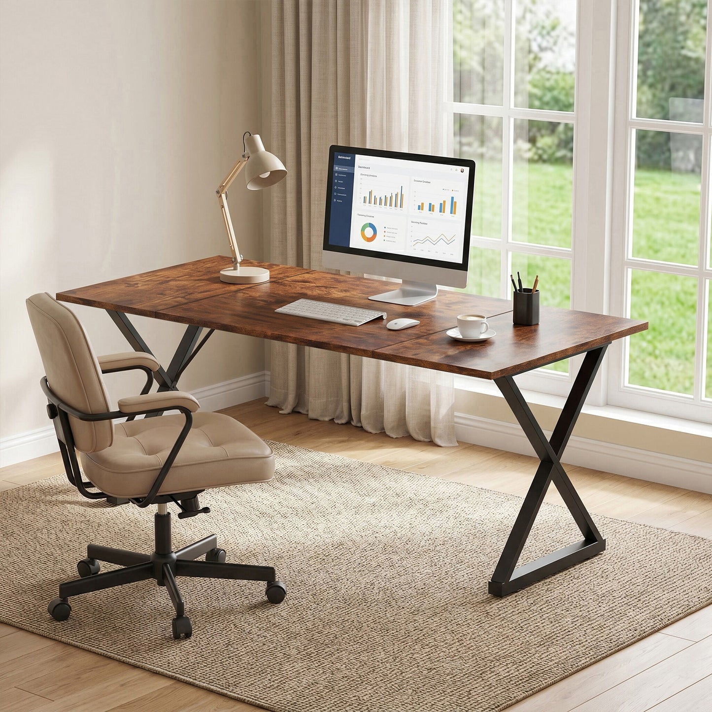 Executive Wooden Computer Desk - Ergonomic Writing Table with Metal Legs