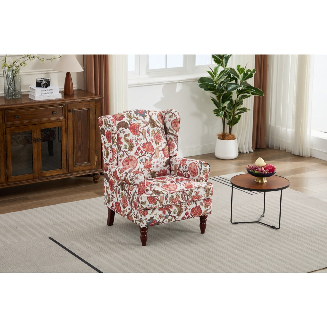Floral Accent Chair with Retro Wood Legs - Bean Paste Red