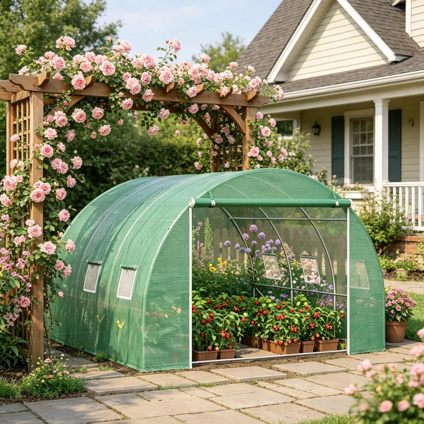 Walk-In Tunnel Greenhouse with Roll-Up Windows - Green