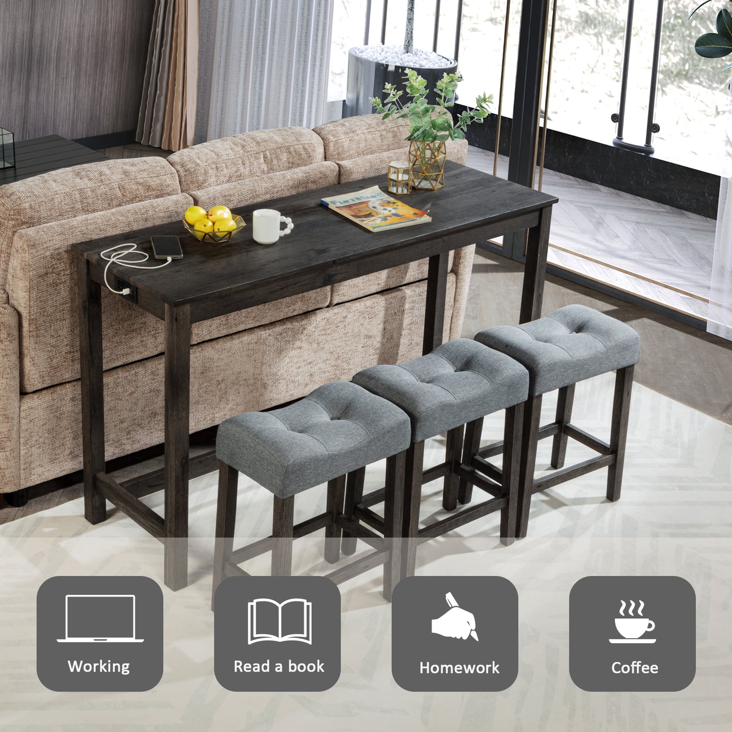 Bar Table Set with Power Outlet & 3 Padded Stools - Dark Gray
