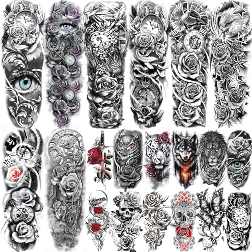 20 Sheets Sexy Rose Flower Full Arm Sleeve Temporary Tattoos For Women Adults Thigh, Half Arm Sleeve Tattoos For Men Angel Anchor Peace Dove Eagle Owl Compass Eye, Black Halloween Fake Tattoo Stickers