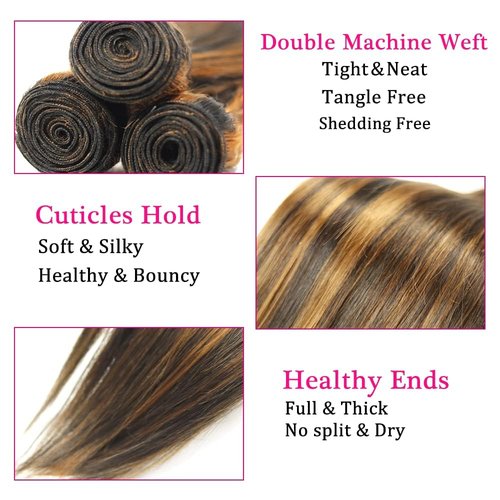 P1B30 Bundles Highlight Straight Bundle 8A Grade Peruvian Virgin Hair Same Length 3 Bundles 18 18 18 Inch Double Weft Human Hair Extensions