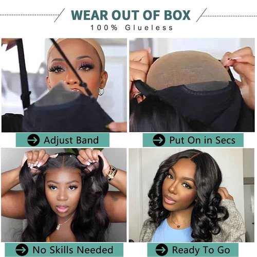 Wear and Go Glueless Wigs Human Hair Pre Plucked Pre Cut 14 Inch Body Wave Bob Wig Human Hair 4x4 Lace Front Wigs for Black Women Brazilian Virgin Human Hair Bob Wigs Glueless 180% Density