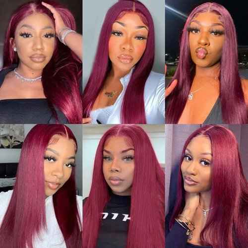 Estelle Wig 13x6 Burgundy Silk Straight Human Hair Wigs Glueless Lace Front Hair 150% Density Pre Plucked Hair for Black Women (14inch, 13x6 lace front wig)