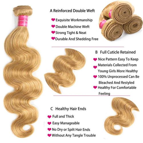 Aopusi #27 Body Wave Bundles 100% Unprocessed Honey Blonde Human Hair Weave Brazilian #27 Colored Blonde Virgin Remy Hair Weft for Black Women(16 18 20 Inch)