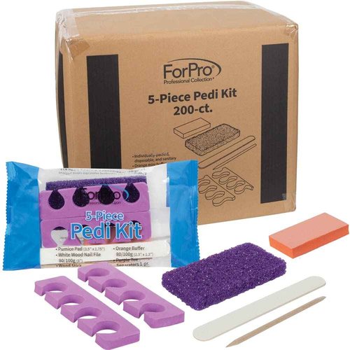 ForPro 5-Piece Pedi Kit, 200-Count, Individually-Packed Pedicure Set, Purple Pumice Pad, Wood Nail File 80/100 Grit, Mini Buffer 80/100 Grit, Wood Stick, Toe Separators