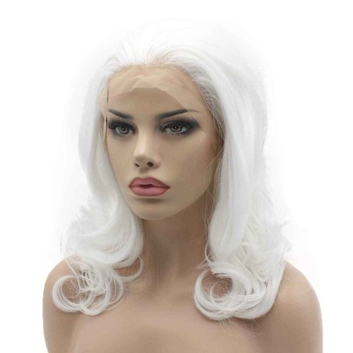 Lushy Medium Length White Wig Heat Friendly Heavy Density Realistic Synthetic Lace Front Wig