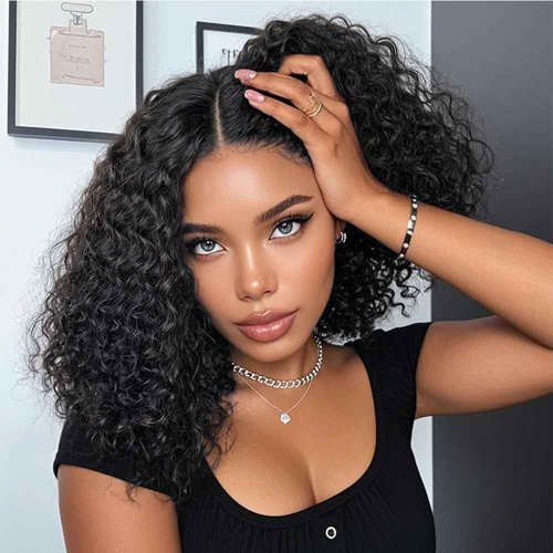 Water Wave 13x4 Hd Lace Front Wigs Human Hair Pre Plucked 200% Density Deep Curly Short Bob Wig Human Hair Deep Wave Lace Frontal Wigs for Black Women Glueless Wig 16INCH Natural Black