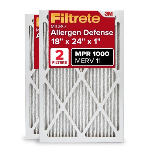 Filtrete 18x24x1 AC Furnace Air Filter, MERV 11, MPR 1000, Micro Allergen Defense, 3-Month Pleated 1-Inch Electrostatic Air Cleaning Filter, 2 Pack (Actual Size 17.81 x 23.81 x 0.81 in)