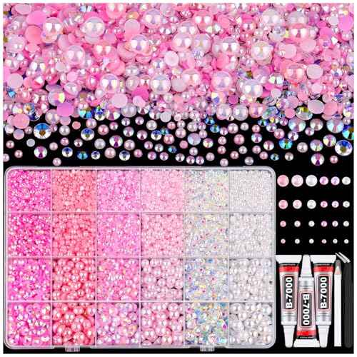 9000PCS Flatback Pearls and Pink Rhinestones for Bedazzling Kit, Pink White 3-10mm Resin Rhinestones Gems and Half Pearls for Crafting, Nail Art and Grad Cap Decor with B7000 Jewelry Glue